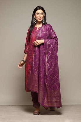 printed full length blended woven women's kurta pant dupatta set - purple