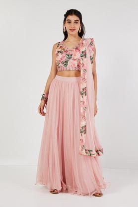 printed full length chanderi woven women's flared kurta skirt dupatta set - pink