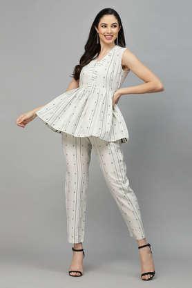 printed full length cotton blend woven women's co-ord set - off white