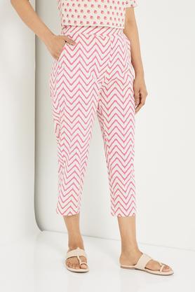 printed full length cotton flex woven women's pants - coral