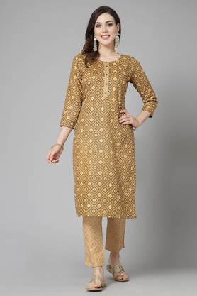 printed full length cotton women's kurta set - brown
