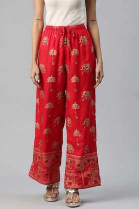 printed full length cotton women's palazzos - red