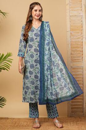 printed full length cotton woven women's kurta set - aqua