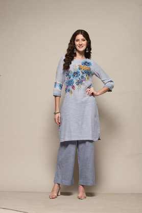 printed full length cotton woven women's kurta set - blue