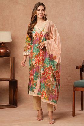 printed full length cotton woven women's kurta set - multi