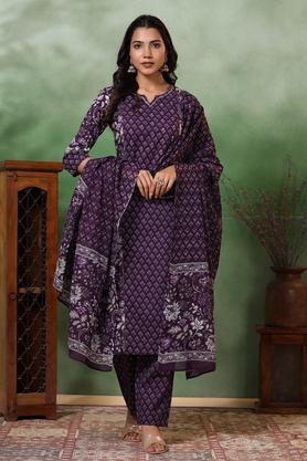 printed full length cotton woven women's kurta set - violet