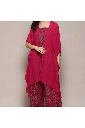 printed full length polyester woven women's kurta set - berry