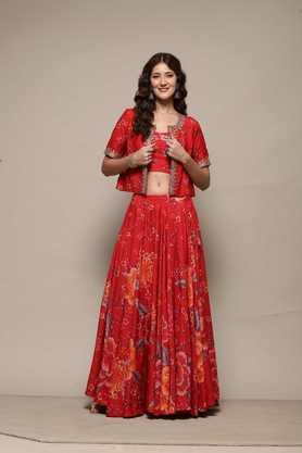 printed full length polyester woven women's kurta set - red