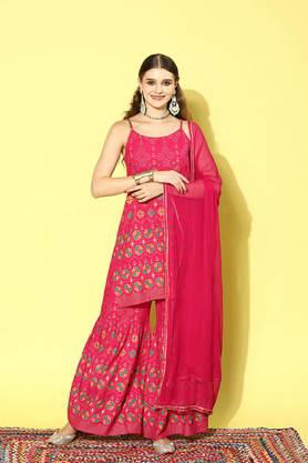 printed full length rayon women's kurta set - magenta