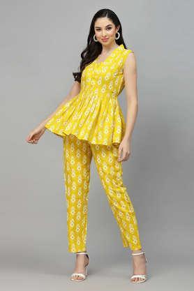 printed full length rayon woven women's co-ord set - yellow