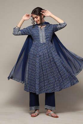 printed full length rayon woven women's kurta pant dupatta set - blue