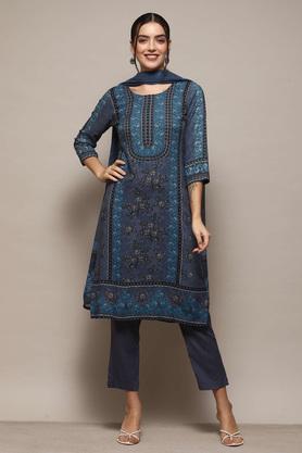 printed full length rayon woven women's kurta set - indigo