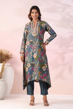 printed full length silk woven women's kurta set - aqua