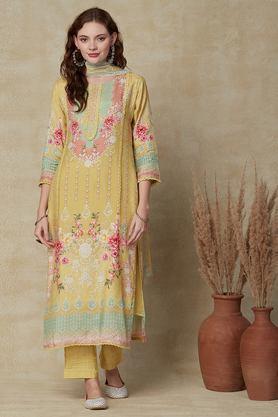 printed full length silk woven women's kurta set - yellow