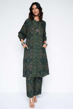 printed full length viscose woven women's kurta pant set - green