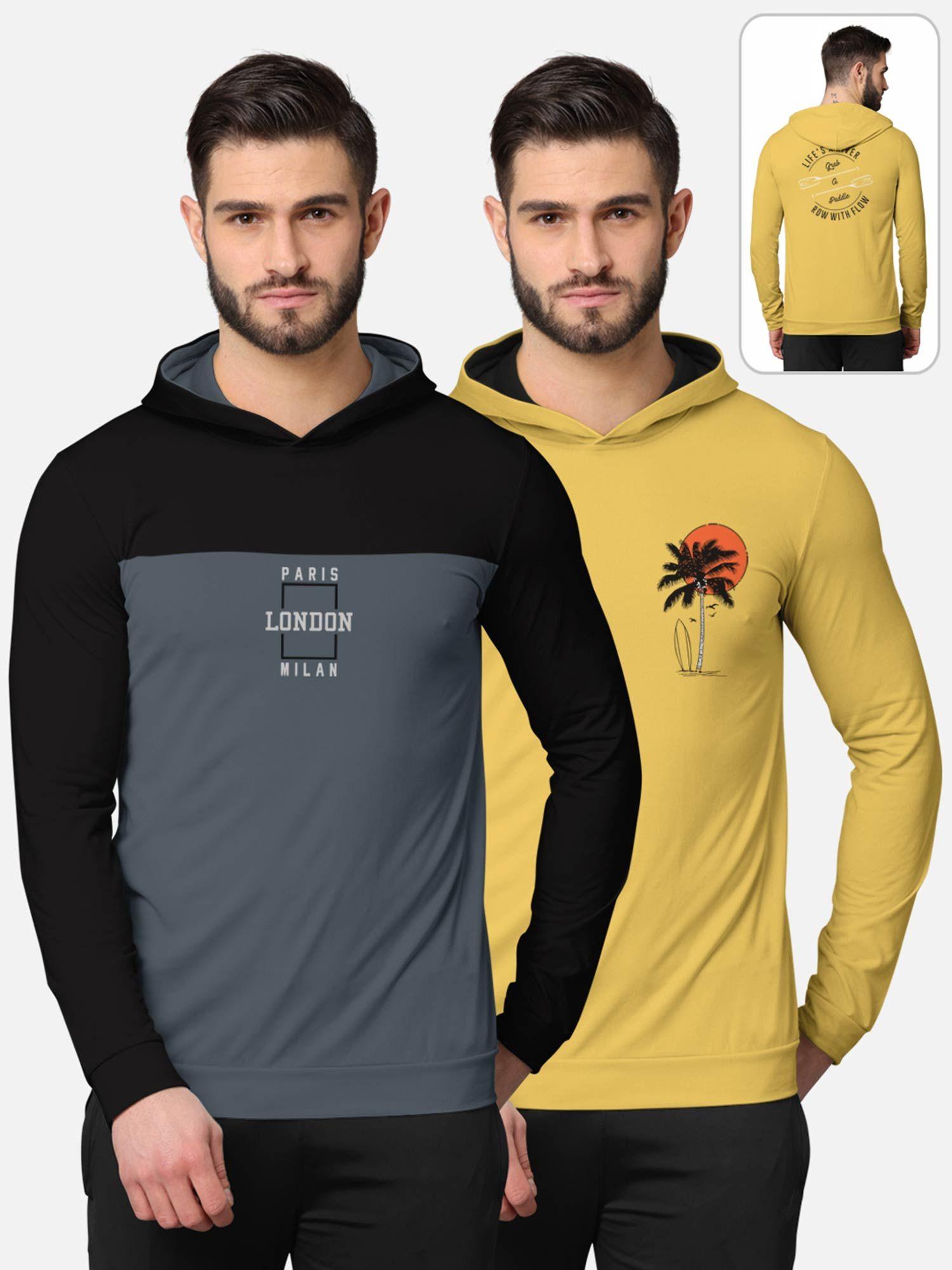 printed full sleeve hooded t-shirt for men multi-color (pack of 2)