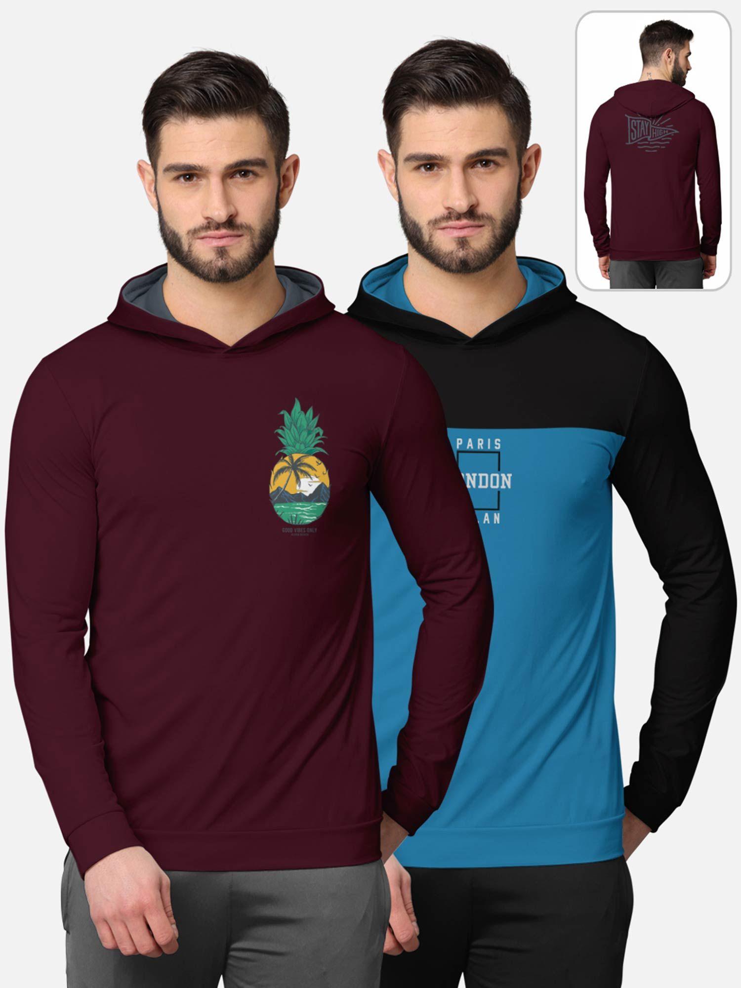 printed full sleeve hooded t-shirt for men multi-color (pack of 2)