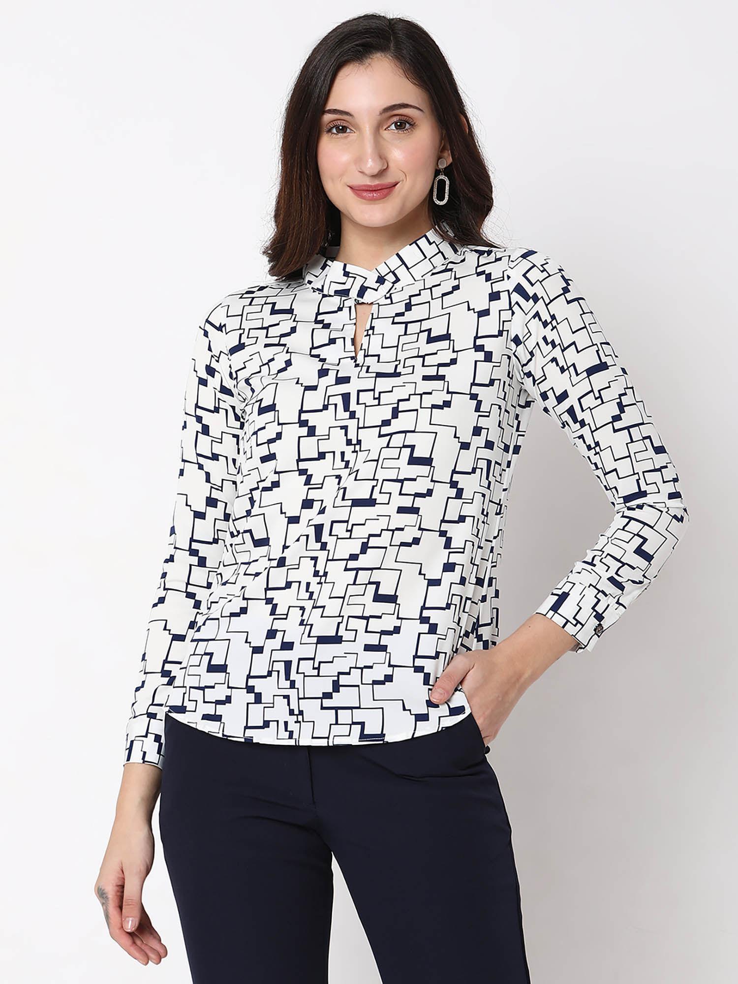 printed full sleeves top with cross neck band detailing