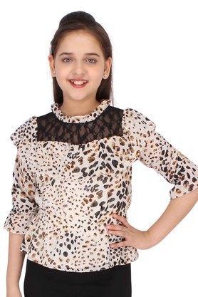 printed georgette & lace fabric printed girls top - cream