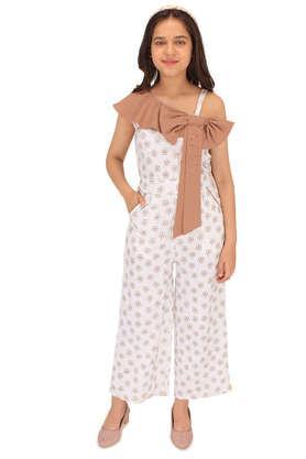 printed georgette asymmetric girl's casual wear jumpsuit - white