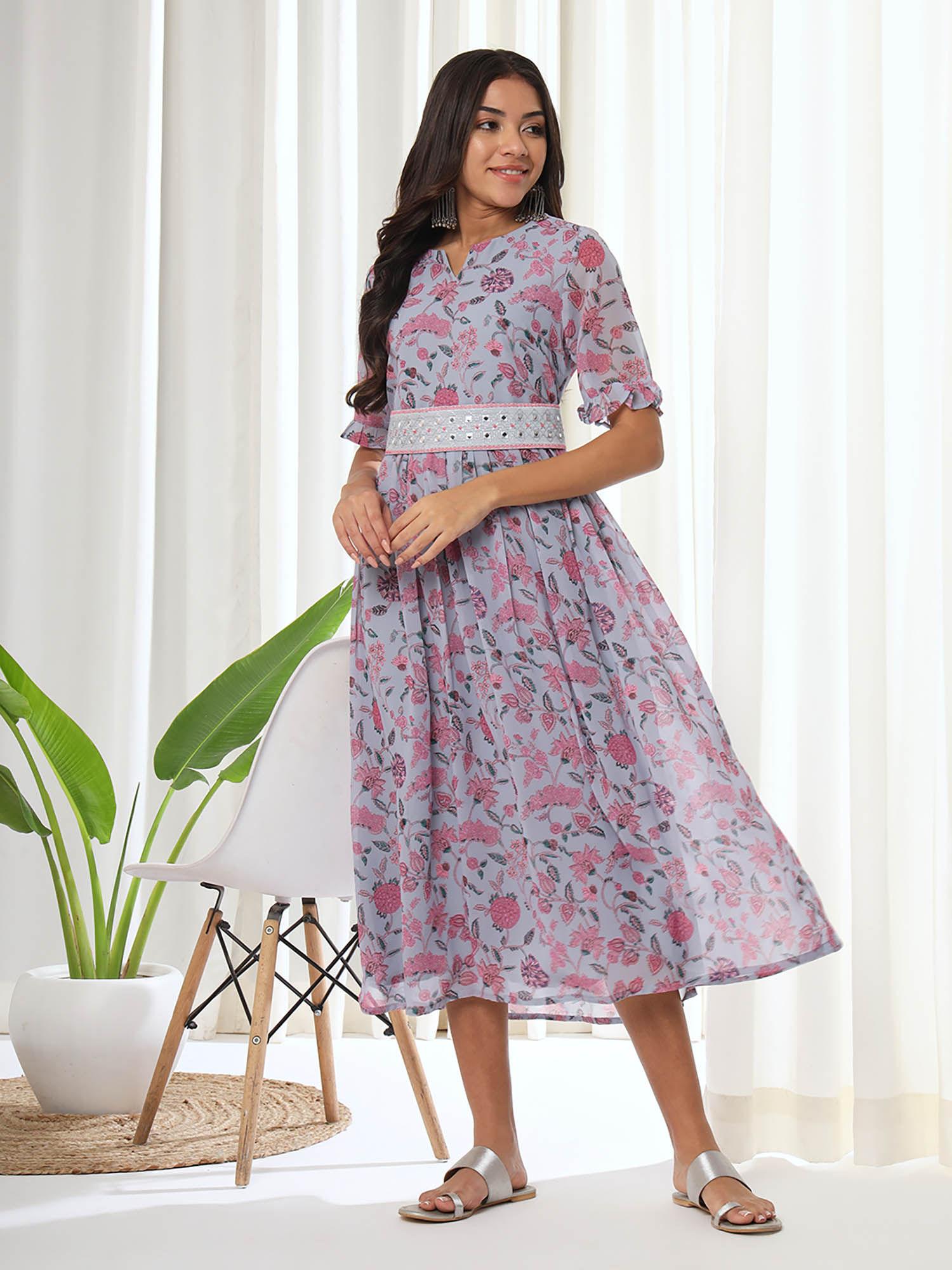 printed georgette dress with embroidered belt (set of 2)