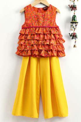 printed georgette full length girls top & palazzo set - yellow