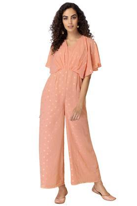 printed georgette half sleeves women's ankle length jumpsuit - orange