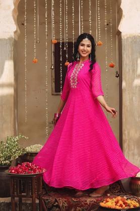 printed georgette mandarin women's gown - pink