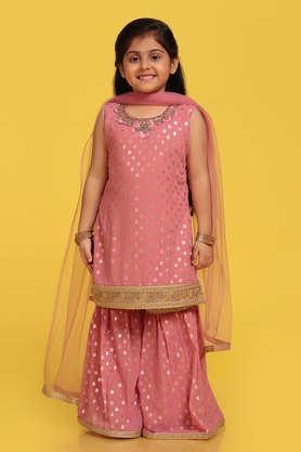 printed georgette regular fit girls kurta sharara set - pink