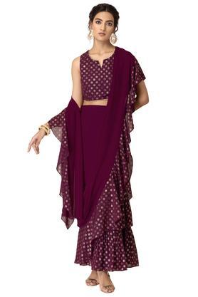 printed georgette regular fit women's ankle length draped saree - purple