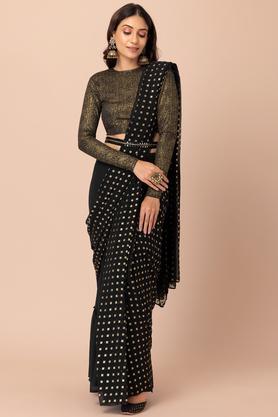 printed georgette regular fit women's pre-stitched saree - black