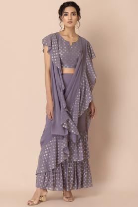 printed georgette regular fit women's pre-stitched saree - purple