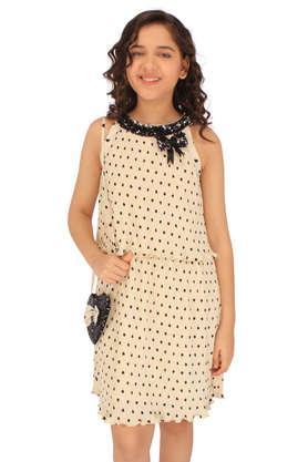 printed georgette round neck girls casual dress - cream