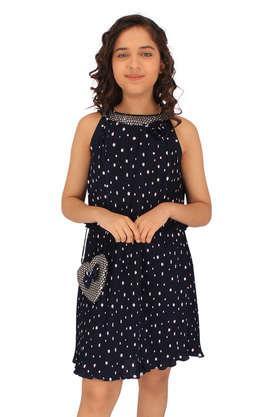 printed georgette round neck girls casual dress - navy
