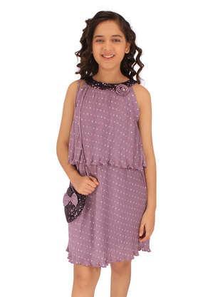 printed georgette round neck girls casual dress - purple