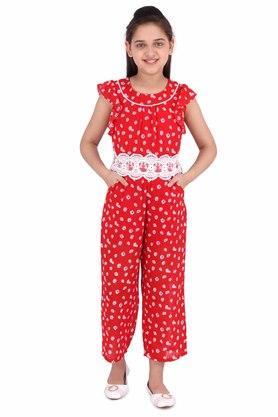 printed georgette round neck girls casual jumpsuit - red