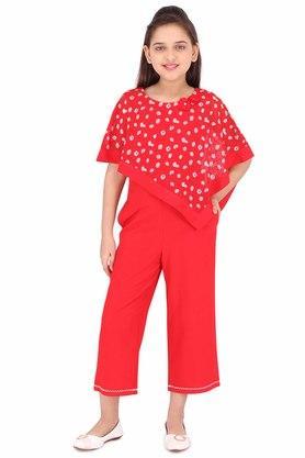 printed georgette round neck girls casual wear jumpsuit - red