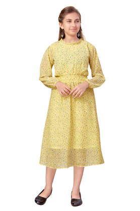 printed georgette round neck girls party wear dress - yellow