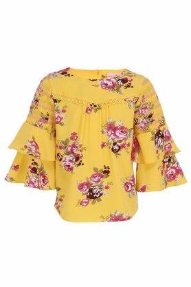 printed georgette round neck girls regular top - yellow