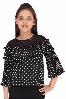 printed georgette round neck girls top - black