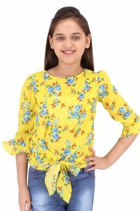 printed georgette round neck girls top - yellow