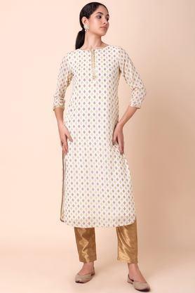 printed georgette round neck women's casual wear kurta - white