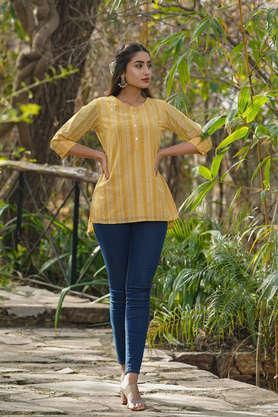 printed georgette round neck women's high-low tunic - yellow