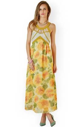 printed georgette round neck women's knee length dress - yellow