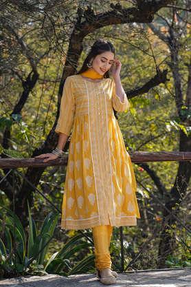 printed georgette round neck women's kurta churidar dupatta set - yellow