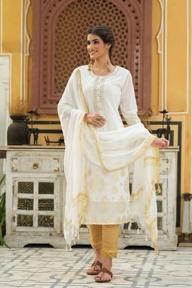 printed georgette round neck women's kurta dupatta set - off white