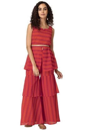 printed georgette round neck women's kurta pant set - red