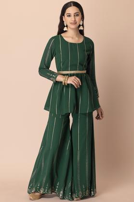 printed georgette round neck women's kurta sharara set - green