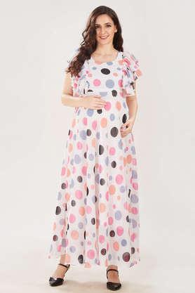 printed georgette round neck women's maxi dress - pink