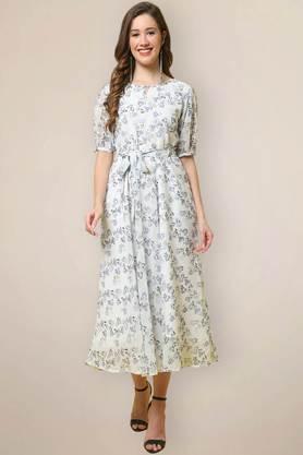 printed georgette round neck women's midi dress - white